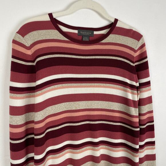 y2k Vintage Van Heusen Striped Sweater Long Sleeve Knit Top Pink Tan Cotton - Picture 2 of 12
